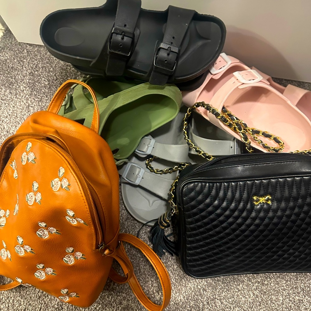 It’s a Bundle of 4 pairs of slides and cute brown back pack and black purse